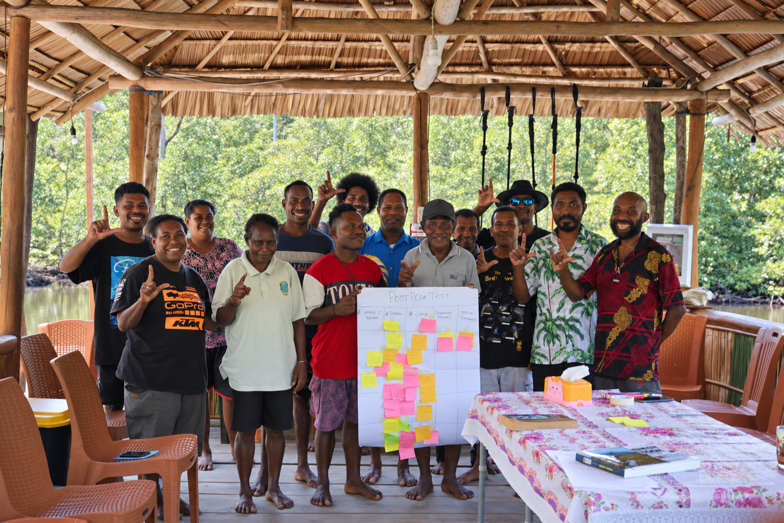 Under the roof of the Saupon restaurant, a sheet of paper with colorful notes documents the collaborative learning process. Members of the Toweuw Nanggouw Ecotourism Group, Saupon managers, and representatives from the Tambrauw Regency Tourism Office pose for a photo after the initial assessment. Outside the meeting room, the forest surrounding them serves as a reminder of the purpose of this journey: to develop livelihoods while preserving the very place on which those livelihoods depend.